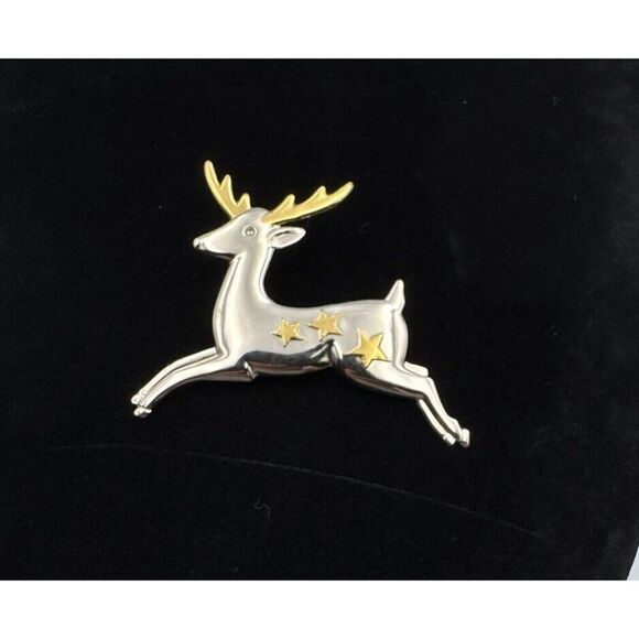 Vintage Hallmark Christmas Holiday Reindeer Brooch Gold and Silver Toned Pin - Picture 1 of 6